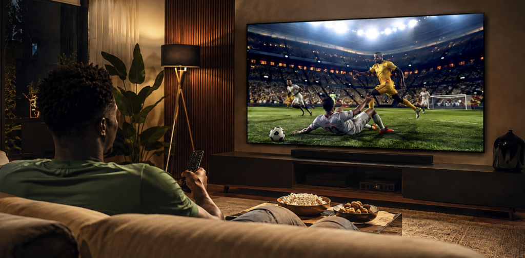 Homme regarde un match de football sur un grand téléviseur dans son salon